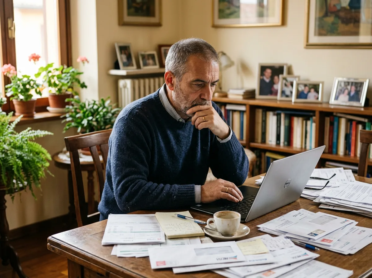 Uomo sui 55 anni davanti al computer portatile nel soggiorno di casa, con bollette e preventivi cartacei sparsi sul tavolo