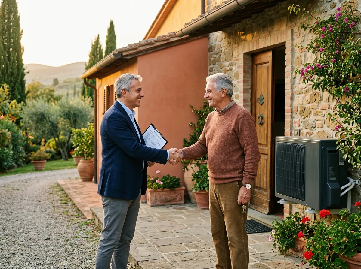 Stretta di mano tra un consulente energetico e un proprietario sulla soglia di una villetta con l'unità esterna della pompa di calore installata