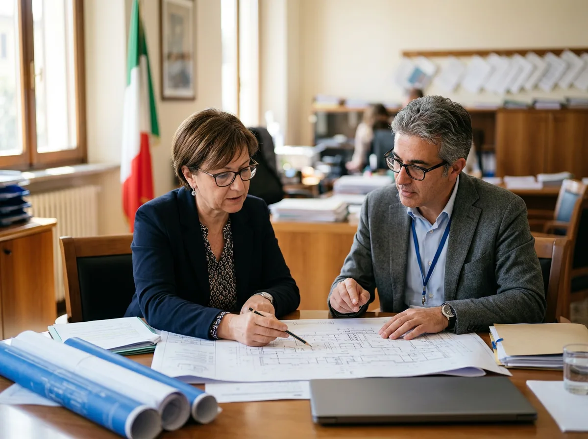 Un funzionario comunale e un consulente energetico esaminano insieme planimetrie e documenti di progetto in un ufficio pubblico