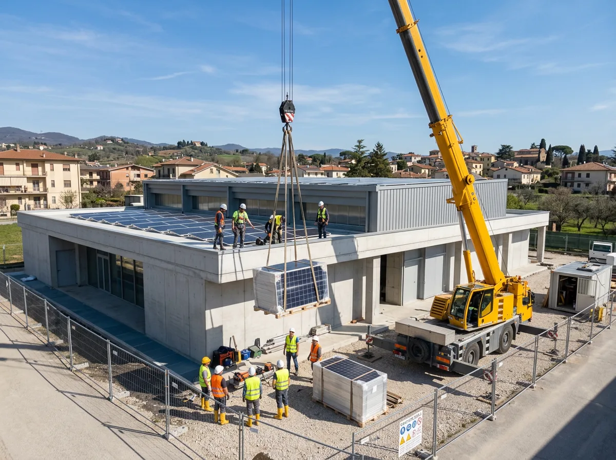 Una gru solleva pannelli fotovoltaici verso il tetto di una palestra comunale, con gli operai in casco che seguono la manovra da terra