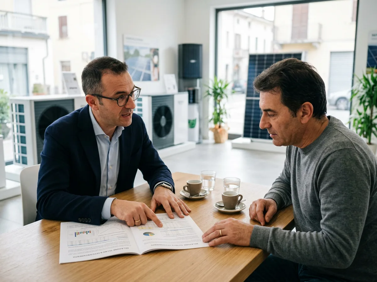 Un consulente energetico spiega la scheda tecnica di una pompa di calore a un cliente, indicando i valori di COP e SCOP sul foglio