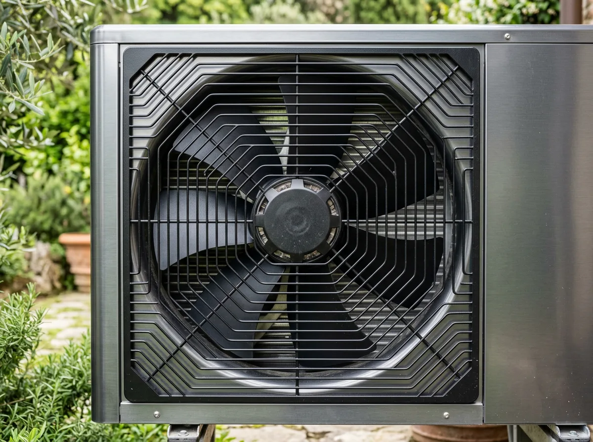 Dettaglio ravvicinato della ventola e della griglia dell'unità esterna di una pompa di calore di ultima generazione