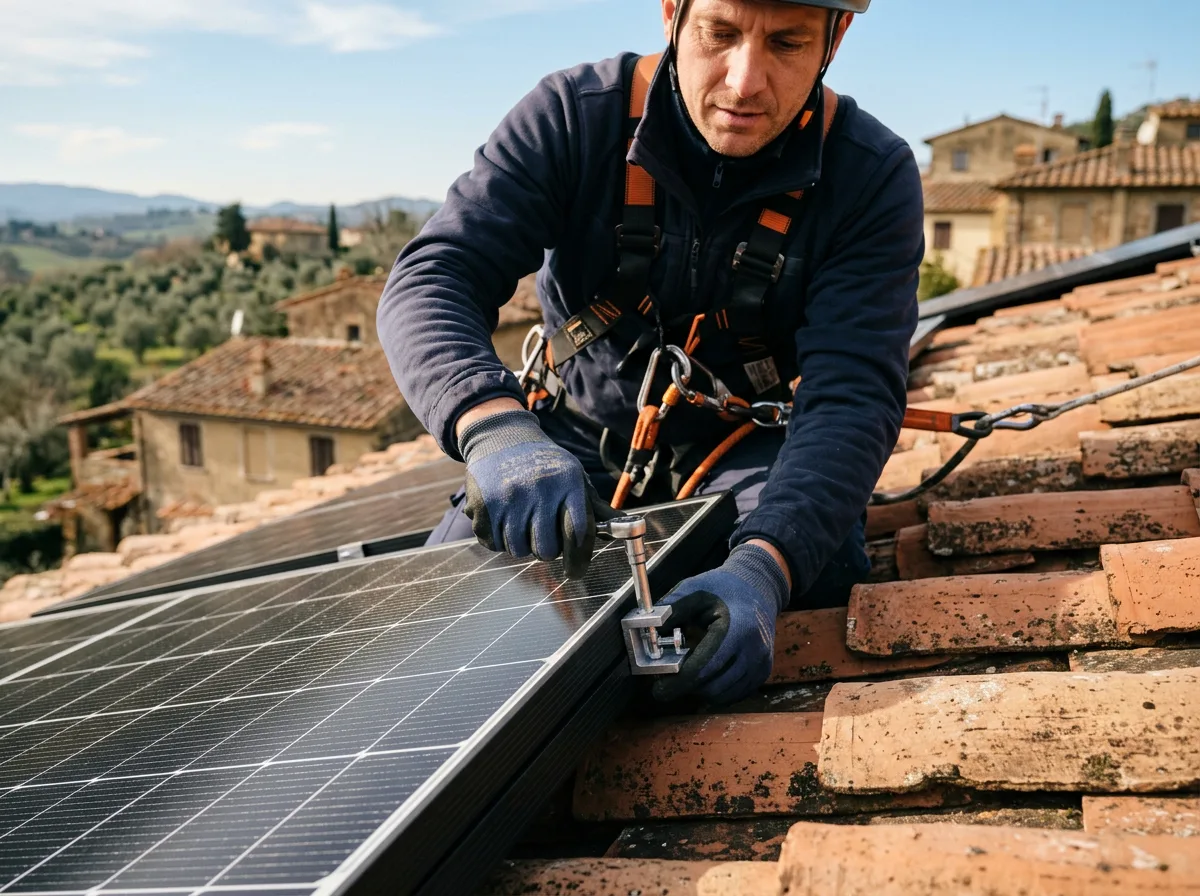 Installatore con imbracatura di sicurezza fissa un pannello fotovoltaico nero sul tetto in tegole di una casa del Nord Italia