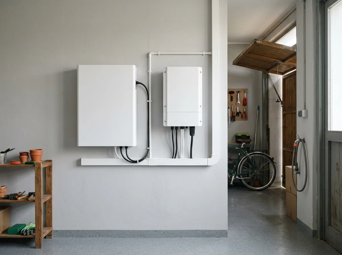 Batteria di accumulo da 10 kWh a parete accanto all'inverter ibrido nel garage di una casa italiana