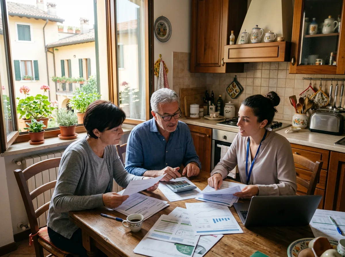 Consulente energetico calcola la detrazione 50% fotovoltaico 2026 con una coppia di proprietari al tavolo di casa