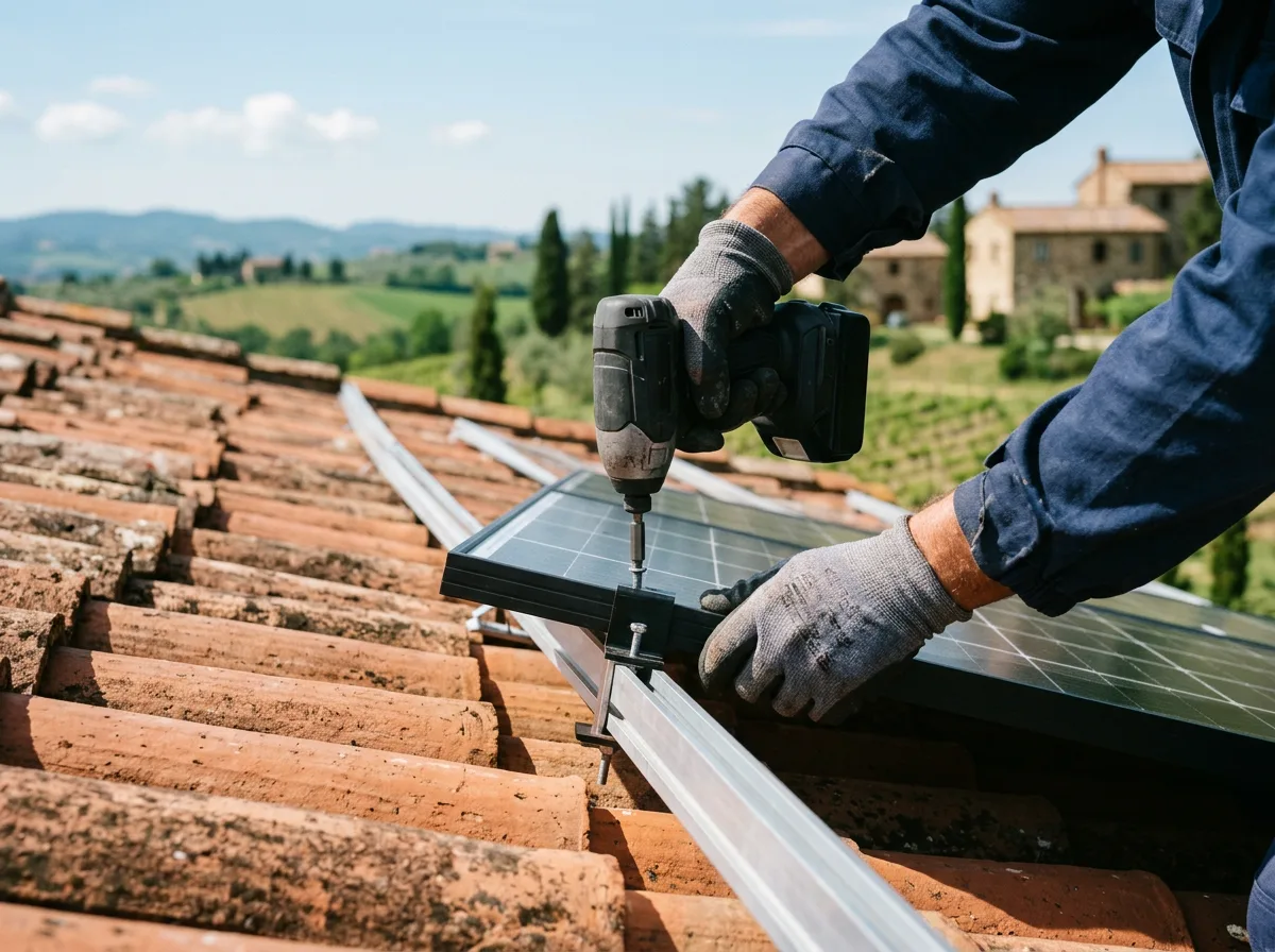 Installatore fissa un pannello fotovoltaico su tetto in tegole per accedere alla detrazione 50% fotovoltaico 2026