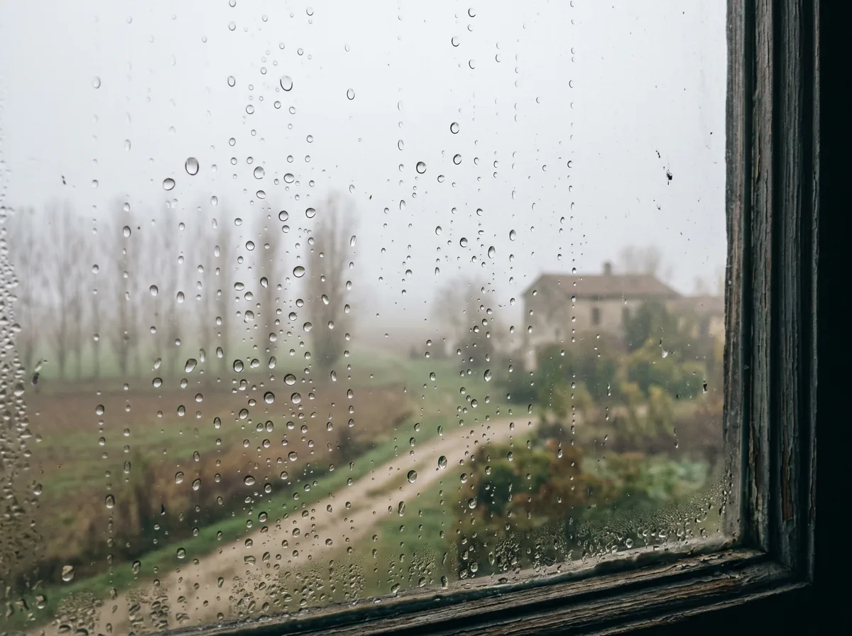 Gocce di condensa sul vetro della finestra di una casa, con la campagna padana avvolta dalla nebbia sullo sfondo