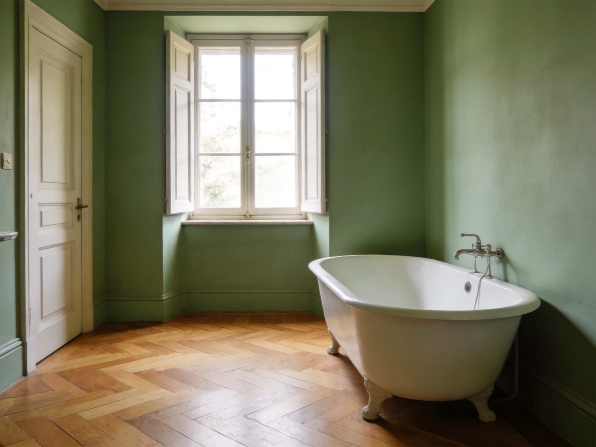 Vasca freestanding bianca in un bagno elegante con pavimento in parquet e parete verde salvia, illuminato dalla luce naturale della finestra