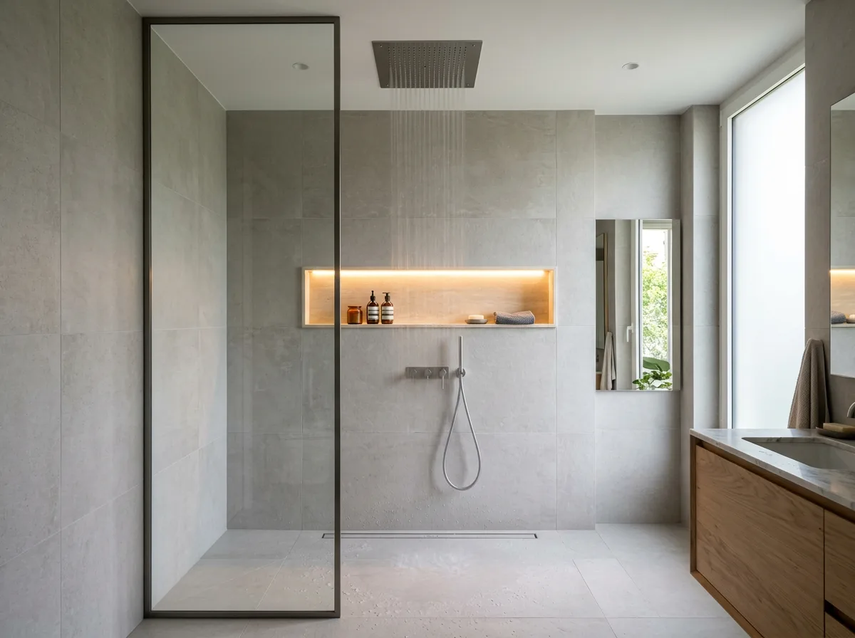 Doccia walk-in con soffione a pioggia e nicchia portaoggetti illuminata, rivestita in gres di grande formato, in un bagno moderno