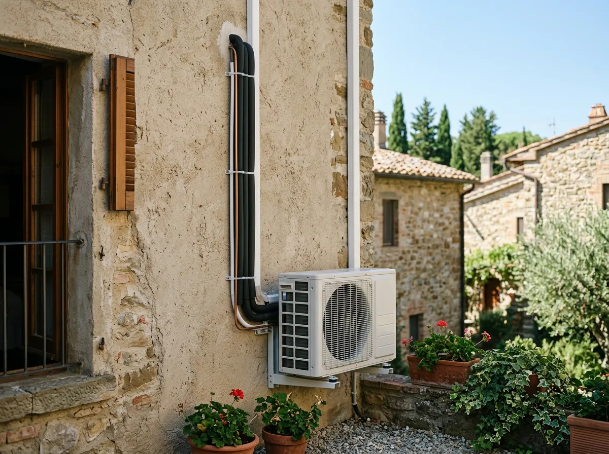 Unica unità esterna di un climatizzatore dual split con due coppie di tubazioni in rame coibentate che salgono lungo la parete esterna di una palazzina