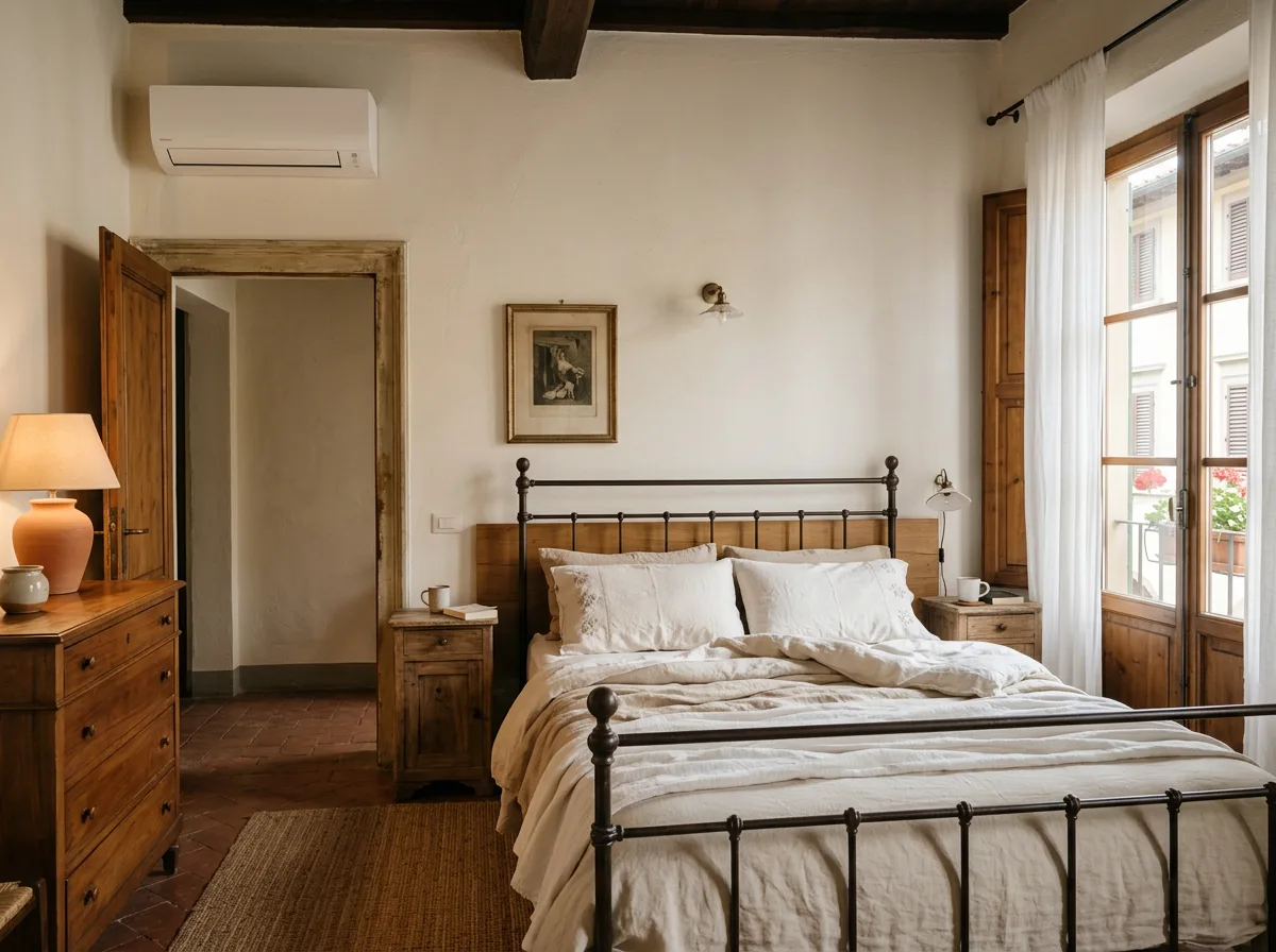 Camera da letto italiana con unità split a parete sopra la porta, letto matrimoniale con lenzuola chiare e luce mattutina soffusa