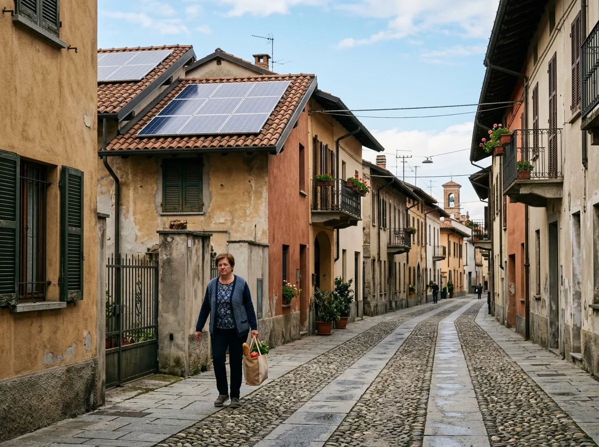 Strada di un paese lombardo con case affiancate, alcune con pannelli fotovoltaici sul tetto e altre senza, e un passante con la borsa della spesa