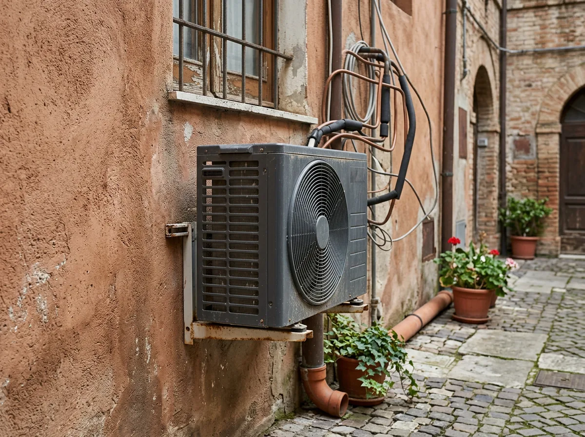 Unità esterna di una pompa di calore installata troppo vicino a un muro, con spazio insufficiente per il flusso d'aria: un tipico errore di posizionamento