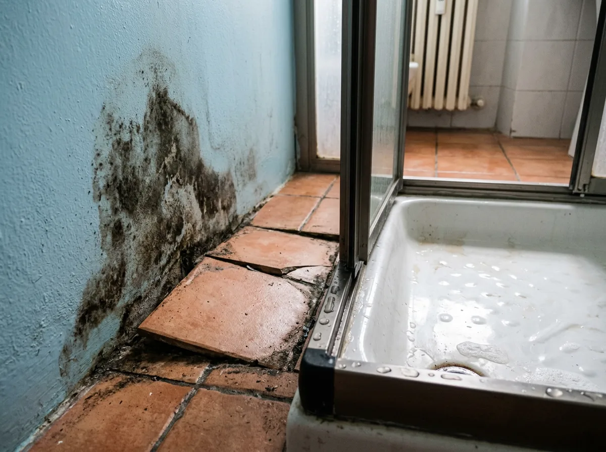 Macchia di umidità e piastrelle sollevate accanto a un piatto doccia, dettaglio di un bagno danneggiato da infiltrazioni in una casa italiana