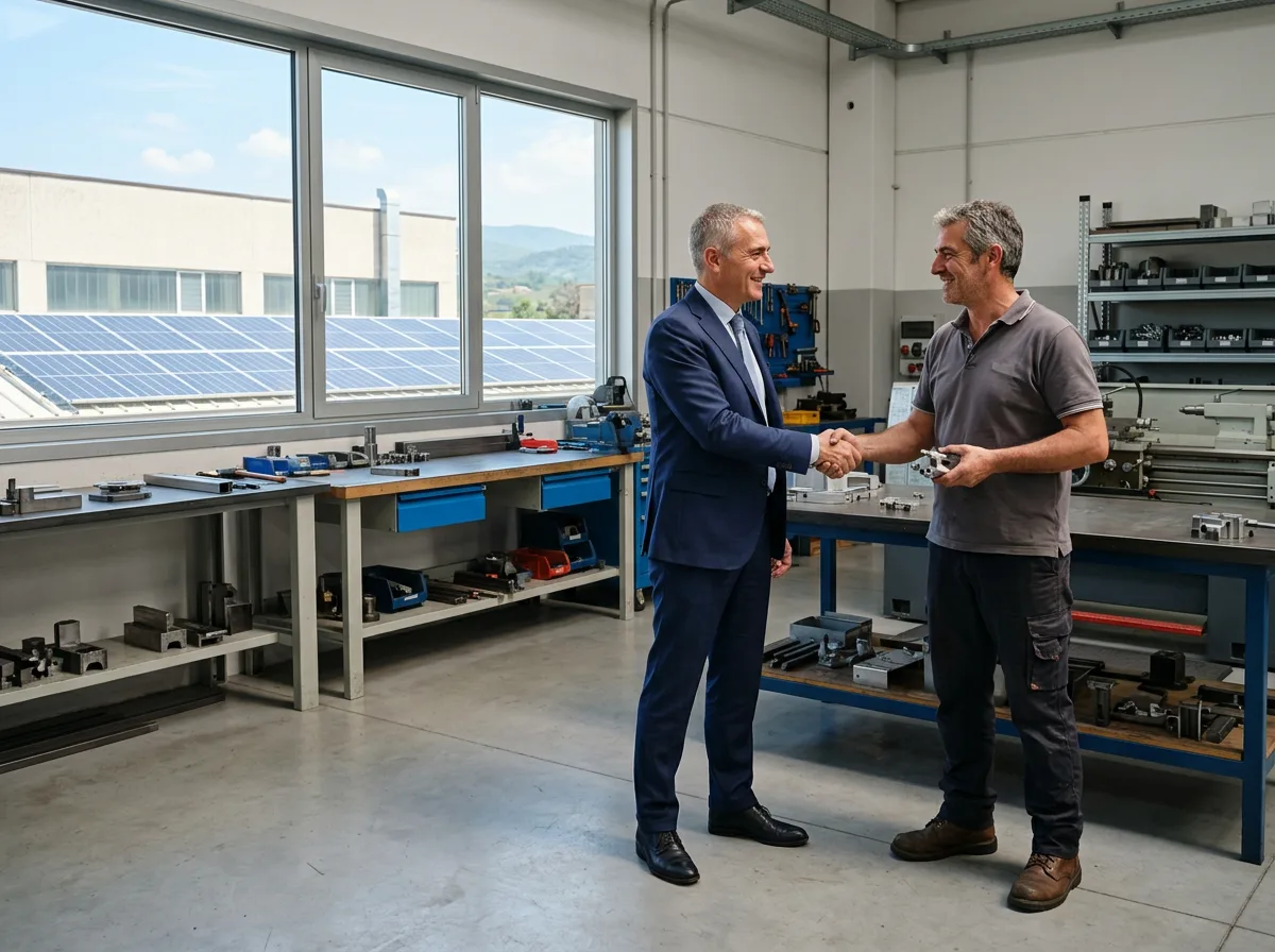 Stretta di mano tra il buyer di una grande azienda e un piccolo fornitore in un capannone ordinato, con i pannelli solari visibili dalla vetrata