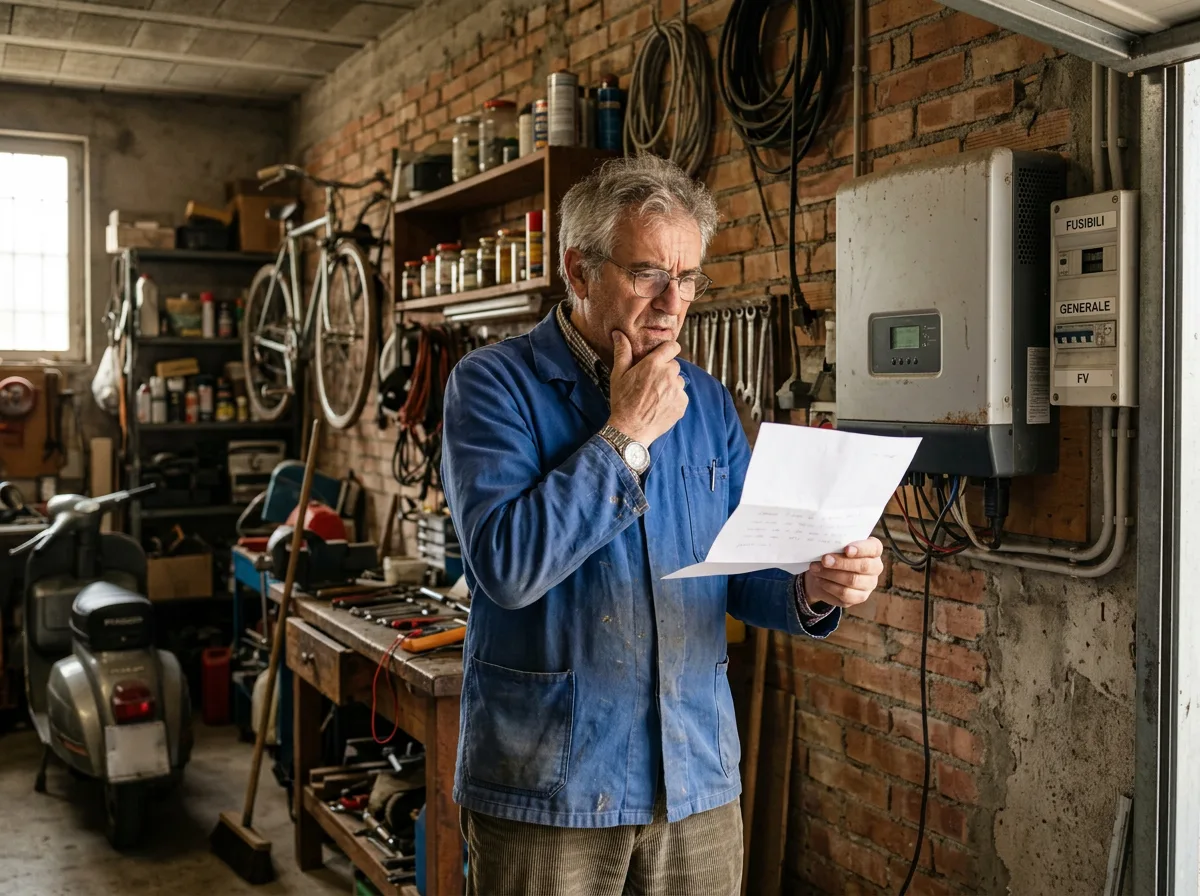 Uomo sui 60 anni nel suo garage che legge perplesso una lettera cartacea accanto al vecchio inverter fotovoltaico montato a parete