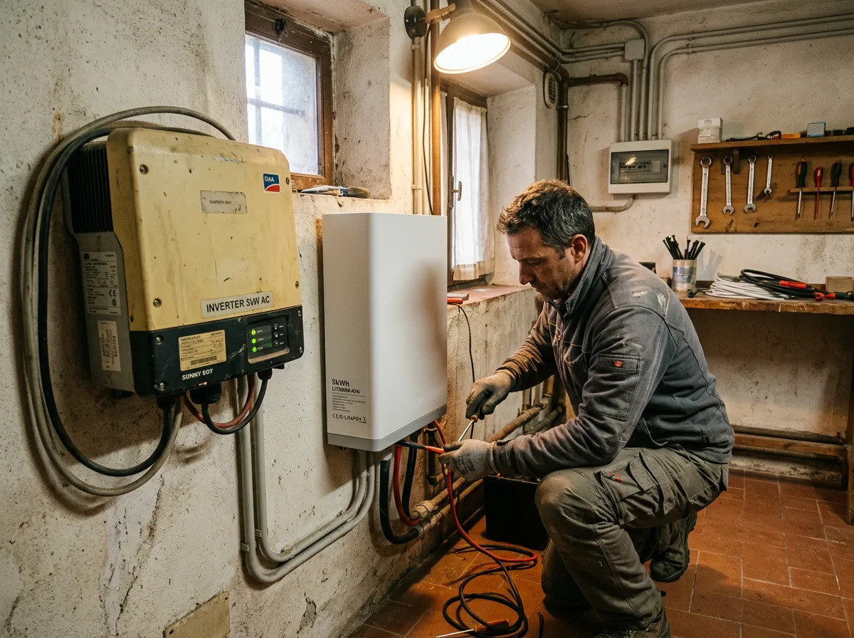 Installatore che monta una moderna batteria di accumulo accanto a un inverter datato in un locale tecnico domestico