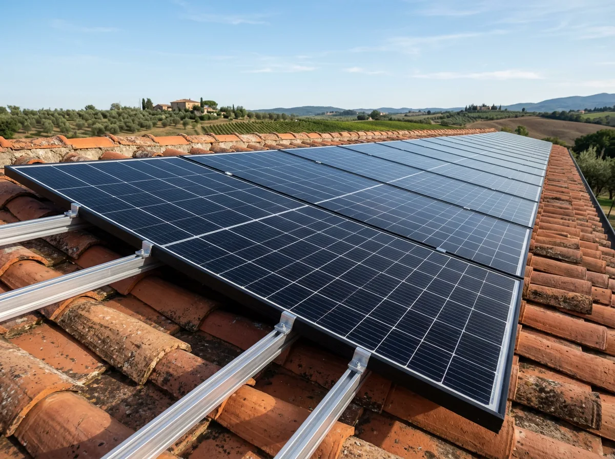 Fila di pannelli fotovoltaici neri montati su guide in alluminio sopra un tetto in coppi, ripresa laterale ravvicinata