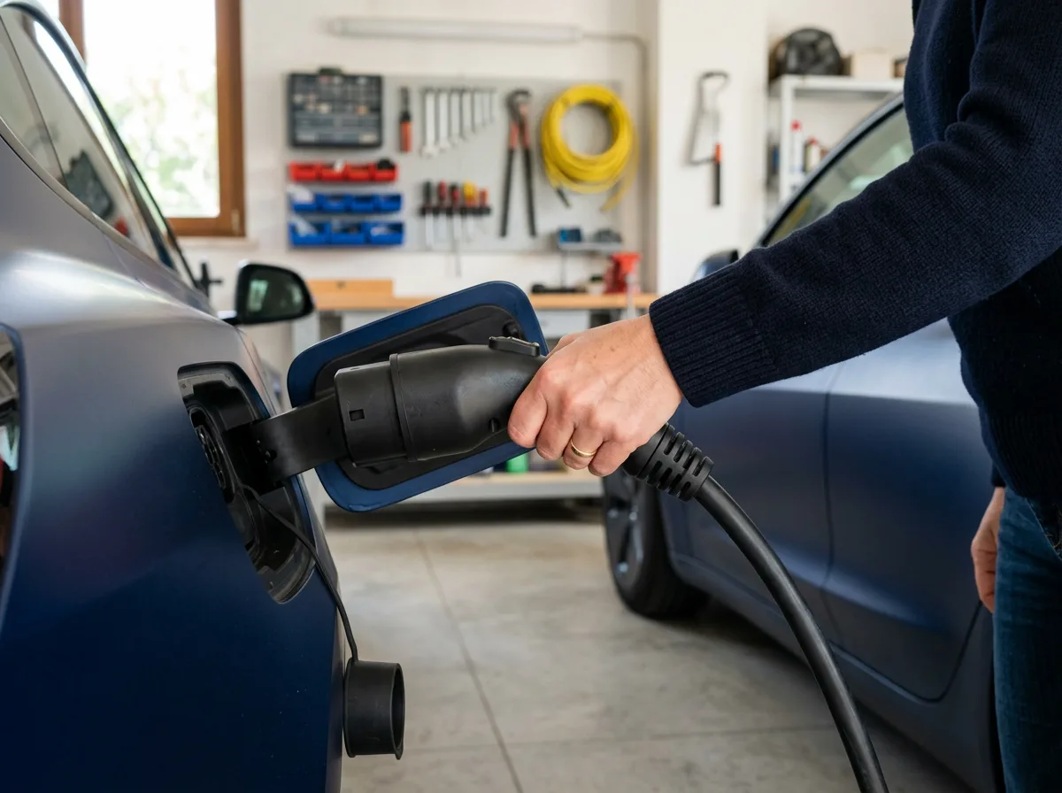 Dettaglio di una mano che inserisce il connettore di ricarica nella presa di un'auto elettrica, sullo sfondo di un garage domestico ordinato