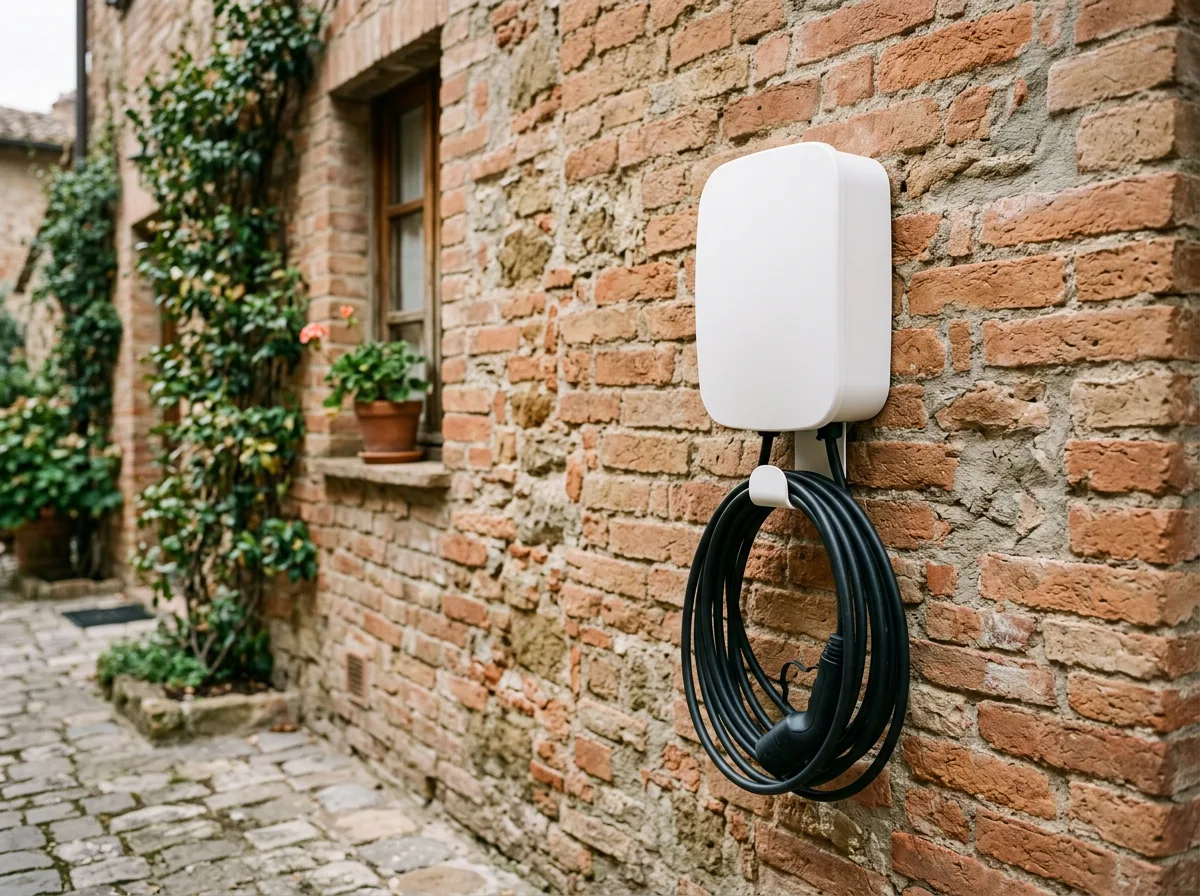 Wallbox bianca compatta montata su una parete esterna in mattoni, con il cavo di ricarica avvolto, in luce diurna morbida