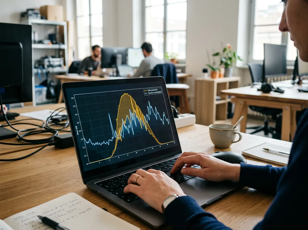 Schermo di un laptop con le curve di produzione solare e di consumo aziendale sovrapposte, e le mani di un analista sulla tastiera