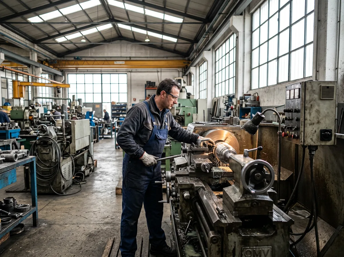 Macchinari industriali in funzione in un reparto produttivo italiano illuminato da luce naturale, con un operaio al lavoro