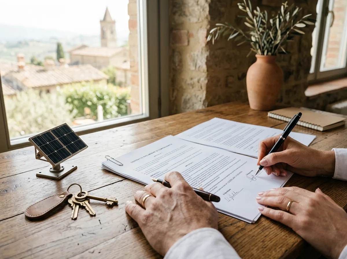 Due mani che firmano un contratto su una scrivania, con le chiavi di un immobile e un piccolo modulo solare da tavolo accanto