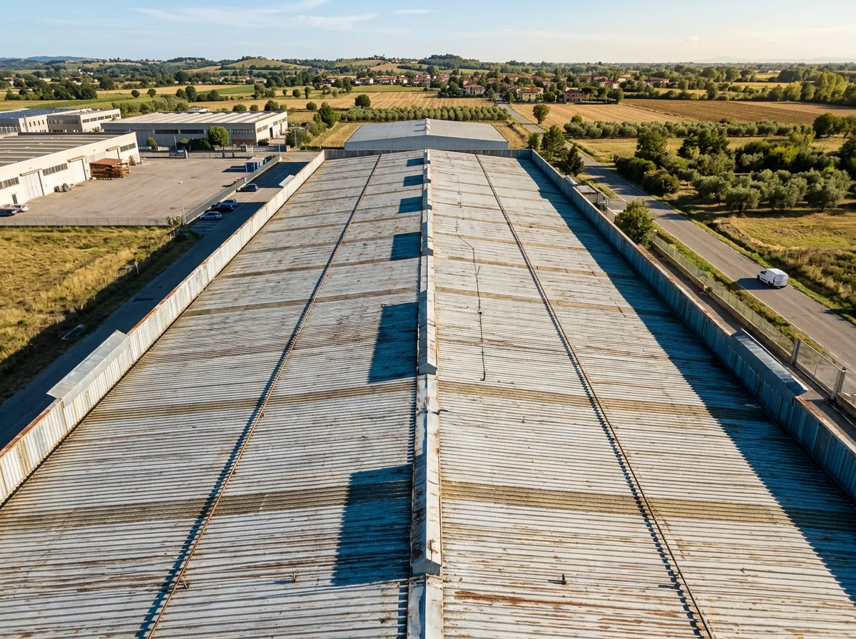 Tetto di un capannone in lamiera grecata, vuoto e ben esposto al sole, ripreso da drone con ombre nette