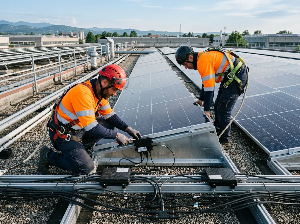 Installatori con imbracatura di sicurezza montano moduli fotovoltaici sul tetto di un capannone industriale
