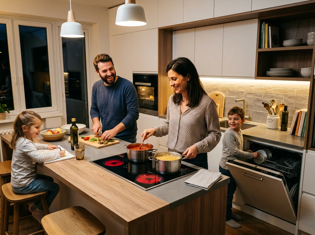 Famiglia in cucina la sera con luci accese, lavastoviglie e piano a induzione in funzione in una casa italiana moderna