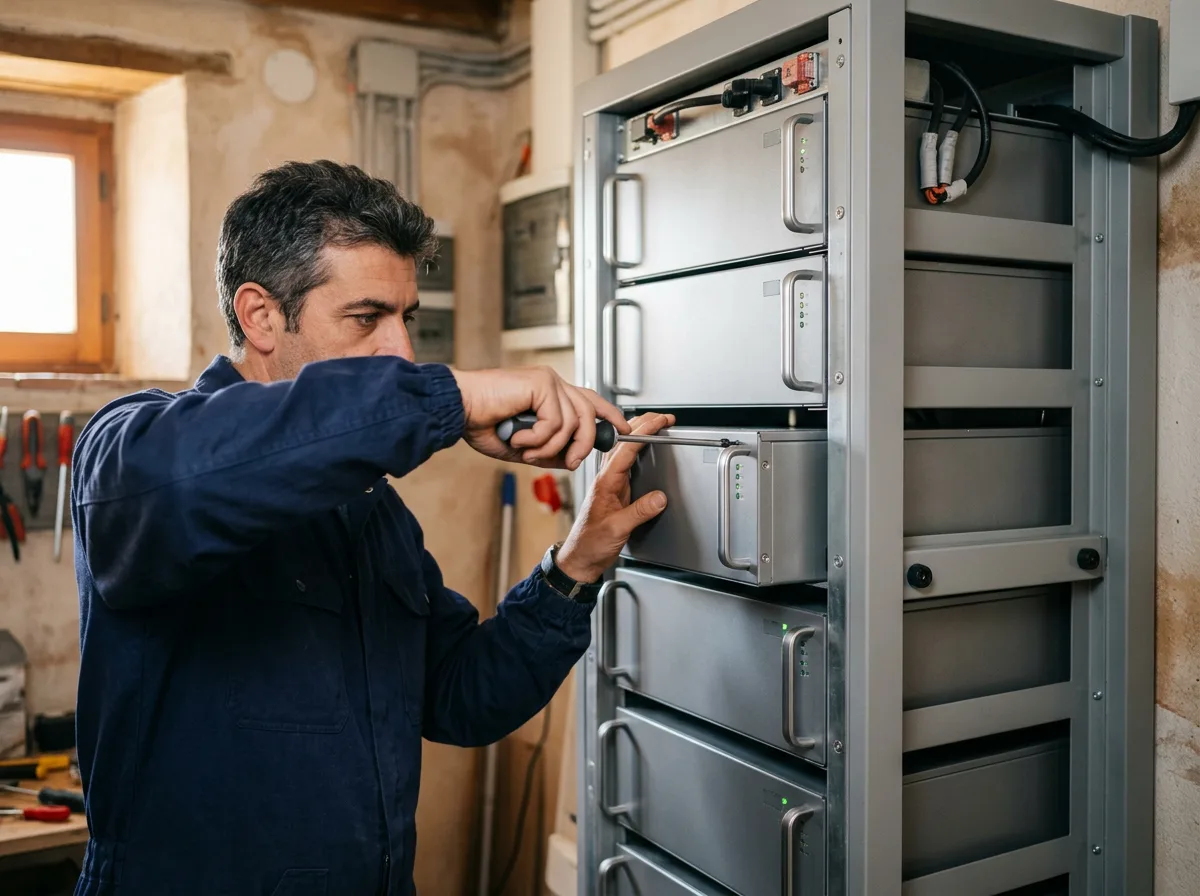 Tecnico che installa un modulo batteria in un sistema di accumulo domestico, con dettaglio ravvicinato dei moduli impilati