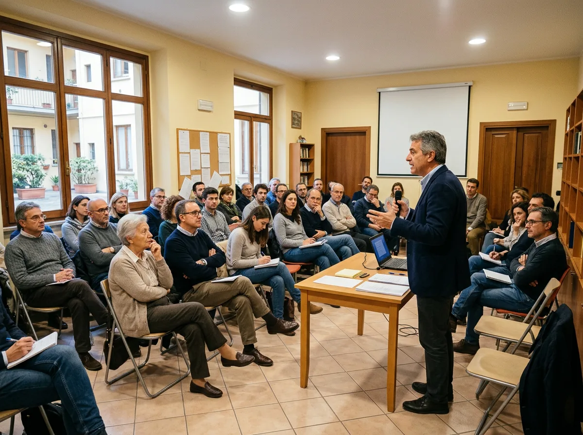 Riunione di condominio in una sala comune: l'amministratore in piedi illustra il progetto fotovoltaico a un gruppo di condomini seduti