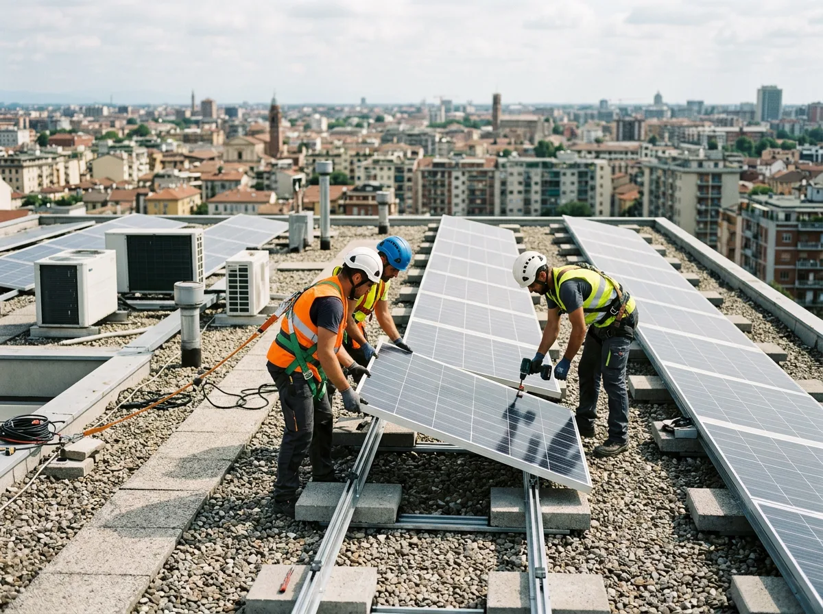 Installatori che posano pannelli fotovoltaici su supporti zavorrati sul tetto piano di un condominio, con skyline urbano sullo sfondo