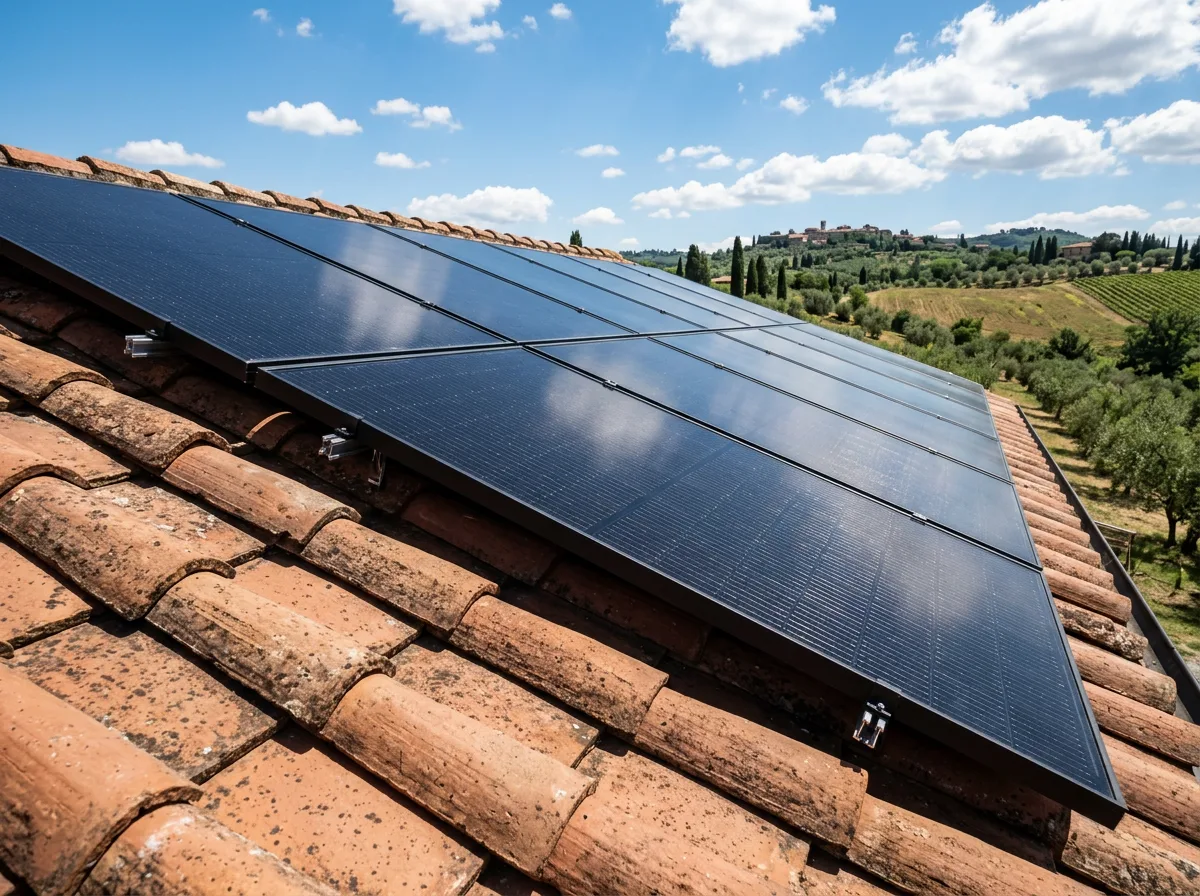 Dettaglio di pannelli fotovoltaici monocristallini neri installati su un tetto in coppi rossi, con il cielo azzurro riflesso sui moduli