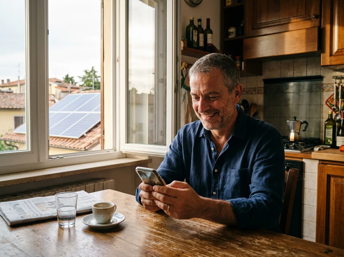 Uomo sui 50 anni che controlla dallo smartphone la produzione del suo impianto, con i pannelli solari visibili oltre la finestra della cucina