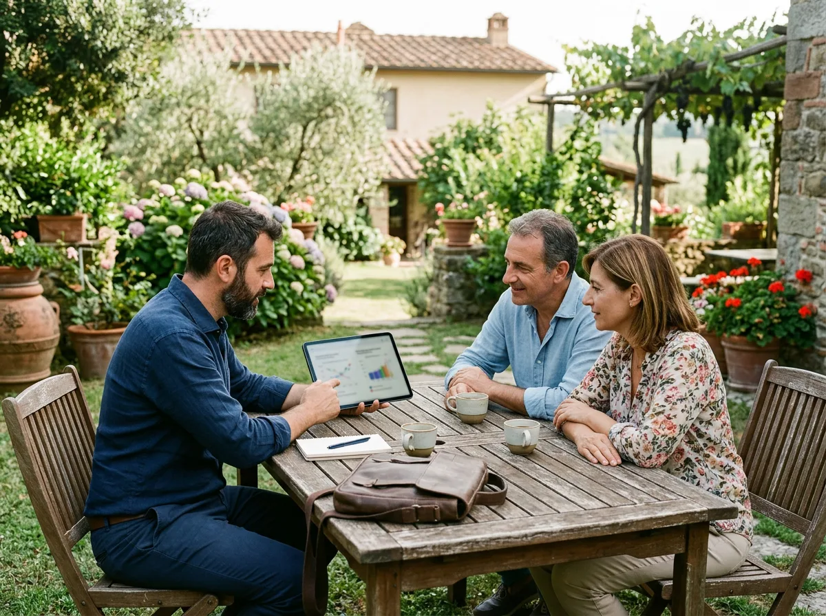 Consulente energetico che mostra su un tablet il confronto tra due opzioni a una coppia seduta a un tavolo in giardino