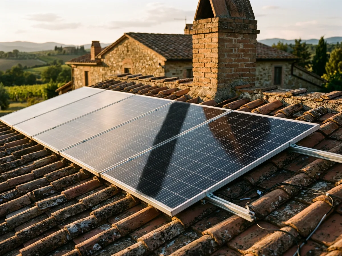 Ombra di un comignolo che attraversa parzialmente una fila di pannelli fotovoltaici su un tetto in tegole, con luce pomeridiana radente