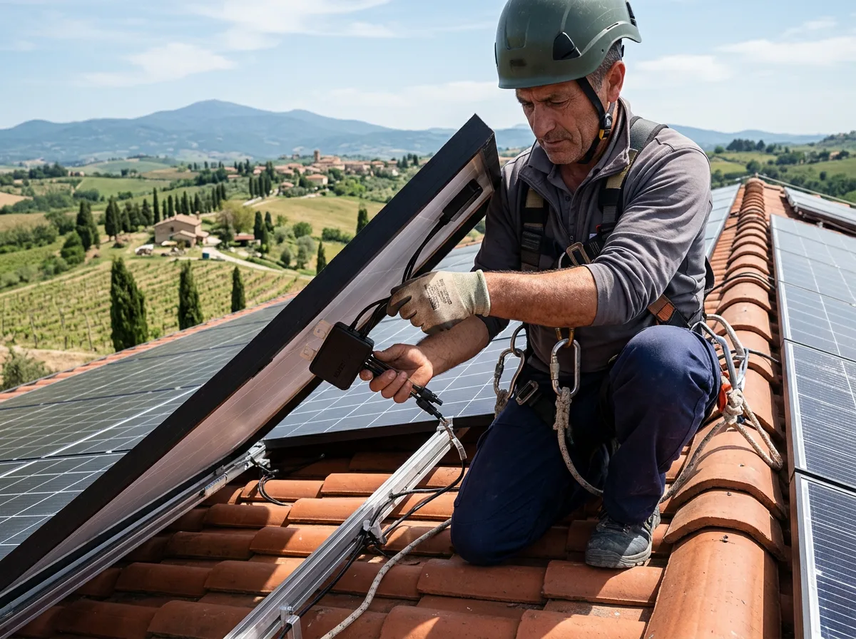 Tecnico sul tetto che installa un ottimizzatore di potenza sotto un pannello fotovoltaico sollevato, con le mani al lavoro in primo piano