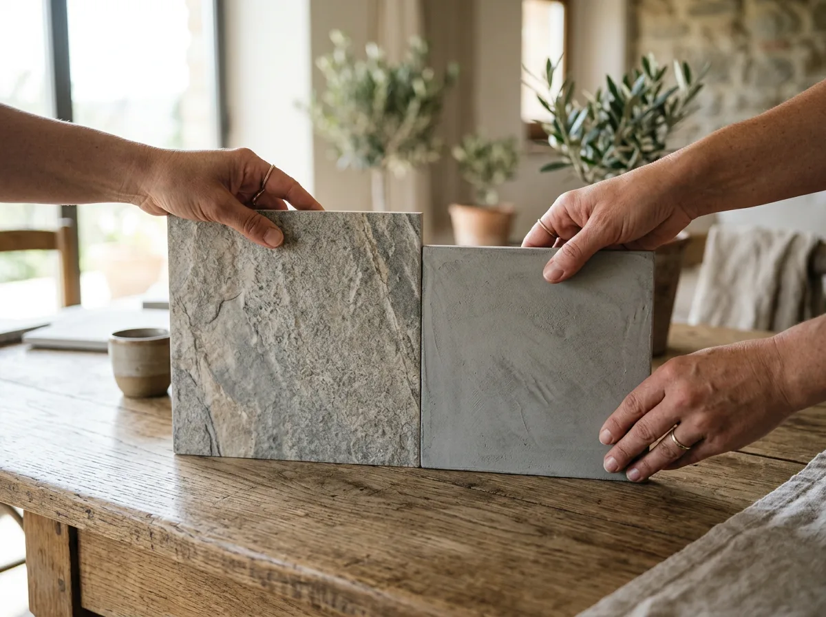 Mani che accostano un campione di gres effetto pietra e un campione di microcemento su un tavolo di legno, alla luce di una finestra