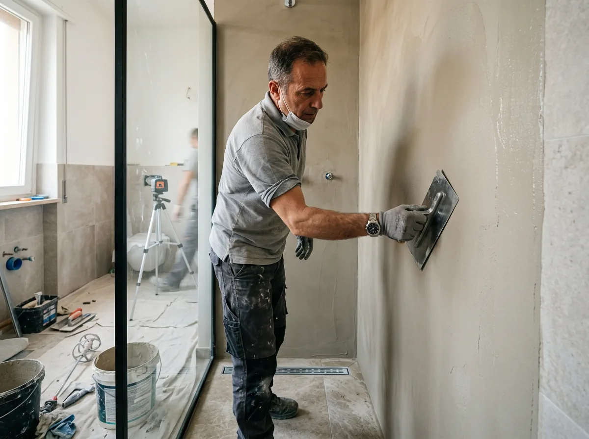 Applicatore che rifinisce a spatola la parete in microcemento di una doccia walk-in, in un cantiere ordinato