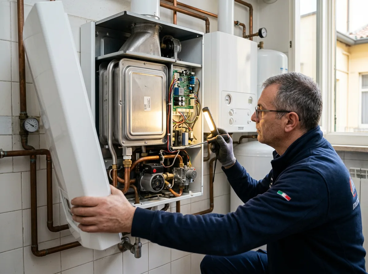 Tecnico che apre il pannello frontale di una caldaia murale a condensazione e mostra lo scambiatore di calore e la scheda elettronica interna