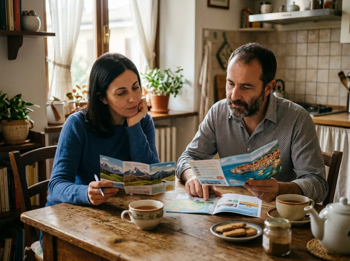 Coppia seduta al tavolo di casa che confronta due preventivi per la sostituzione della caldaia, con tazze di tè accanto ai documenti