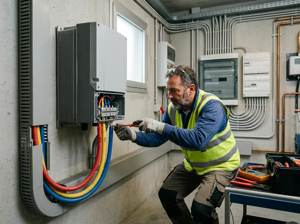 Tecnico che collega un inverter trifase industriale a parete in un locale tecnico ordinato, con i cavi raccolti nelle canaline