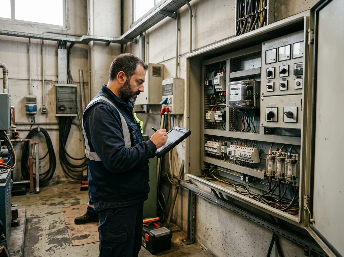 Contatore di energia e quadro elettrico industriale nel locale tecnico di un capannone, con un tecnico che annota le letture su tablet