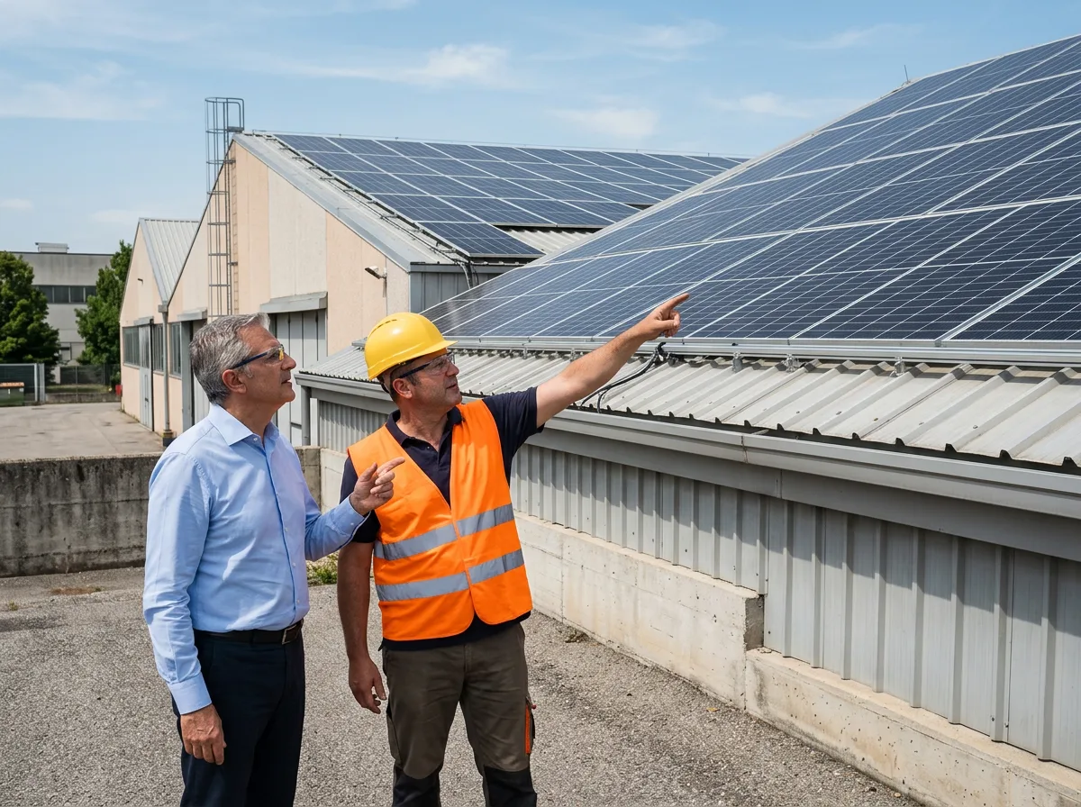 Imprenditore e caposquadra con gilet ad alta visibilità osservano dall'esterno il tetto di un capannone e indicano l'area destinata ai pannelli fotovoltaici