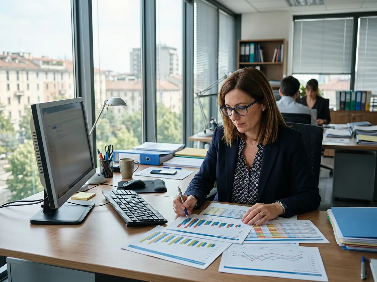 Responsabile amministrativa in un ufficio aziendale che analizza sulla scrivania i grafici stampati dei consumi energetici dello stabilimento