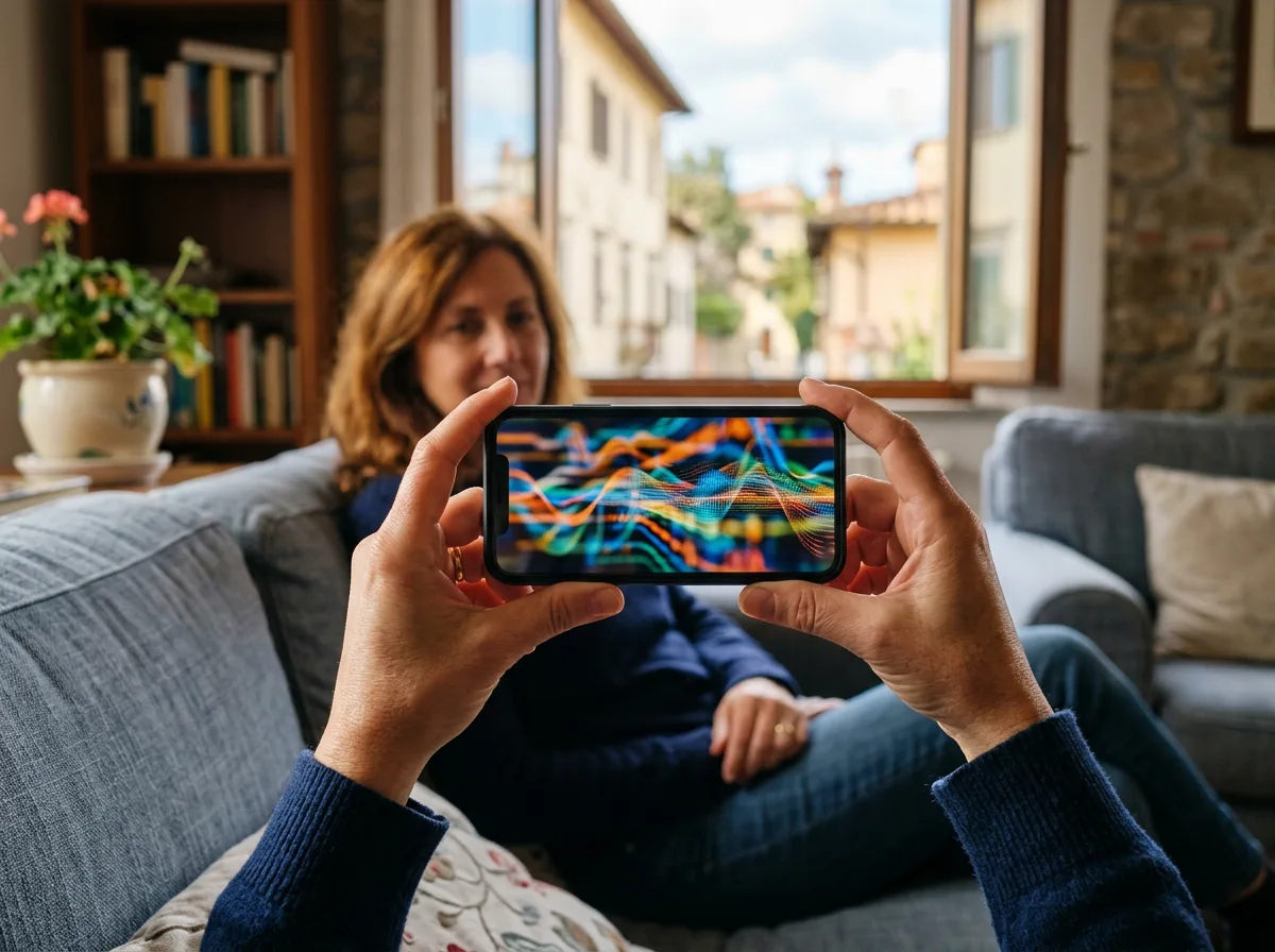 Mani che tengono uno smartphone con i grafici dei flussi energetici dell'impianto fotovoltaico, in soggiorno con divano e finestra sullo sfondo