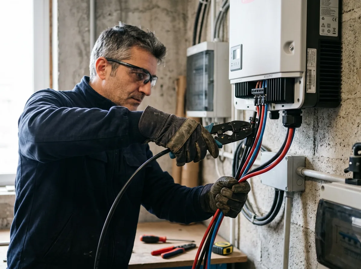 Elettricista con guanti da lavoro che collega i cavi in corrente continua a un inverter ibrido installato a parete, connettori in primo piano