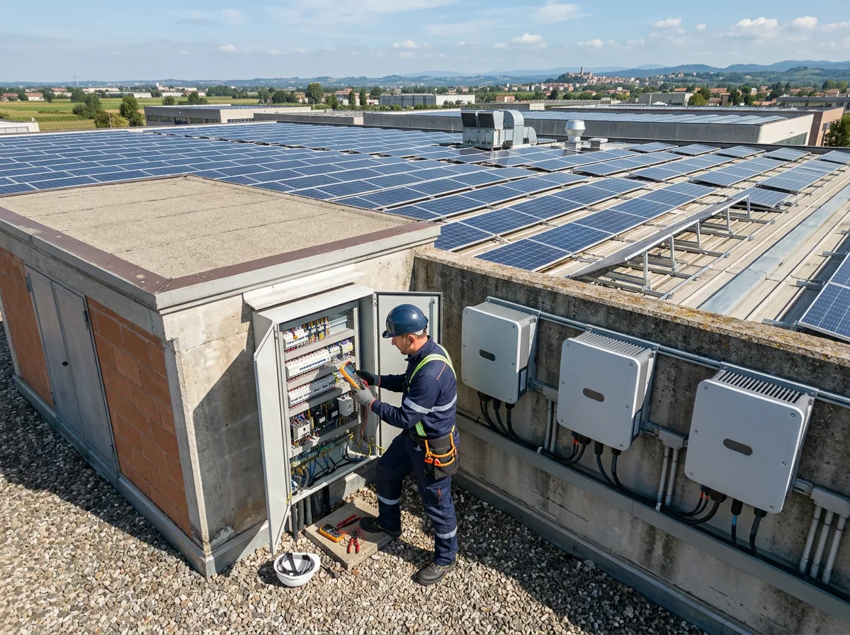 Impianto fotovoltaico su tetto industriale con tecnico che verifica l'inverter, investimento agevolato con iperammortamento fotovoltaico