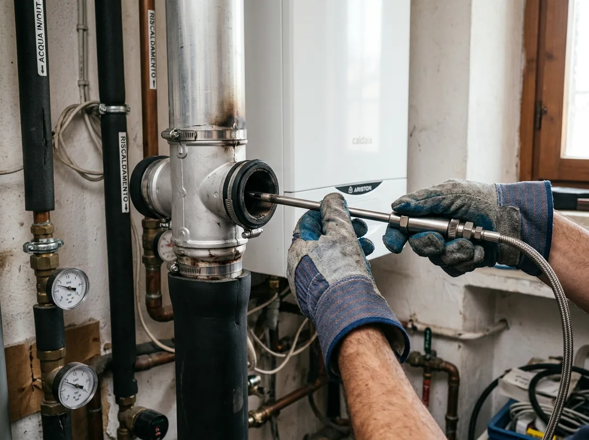 Sonda dell'analizzatore di combustione inserita nel condotto di scarico di una caldaia, con le mani del tecnico protette da guanti da lavoro
